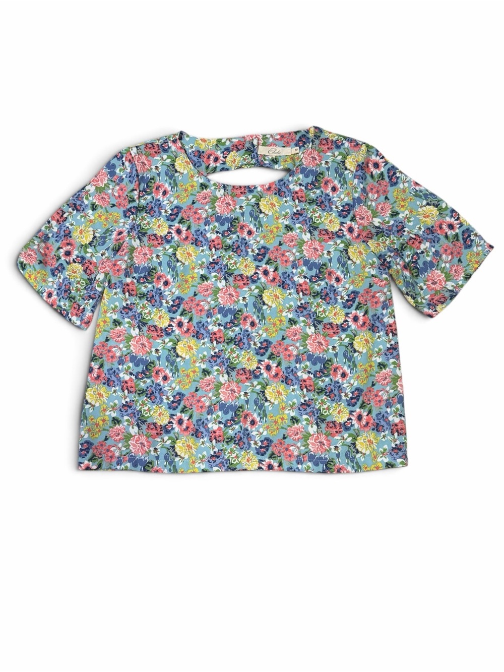 Elodie Floral Cutout Open Back Blouse Short Sleeve Blue Pink Size Medium